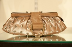 Be & D Greta Studded Clutch in Quince Lambskin/Light Brown/Nickel - $695
