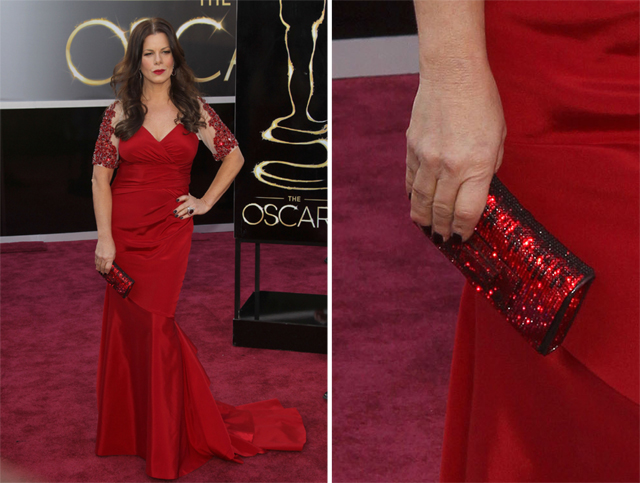Marcia Gay Harden carries a Swarovski Clutch to the 2013 Academy Awards