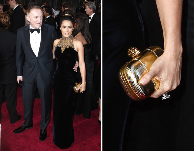 Salma Hayek carries an Alexander McQueen Clutch to the 2013 Academy Awards