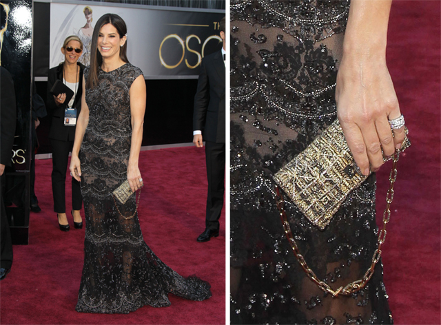Sandra Bullock carries a Swarovski clutch to the 2013 Academy Awards