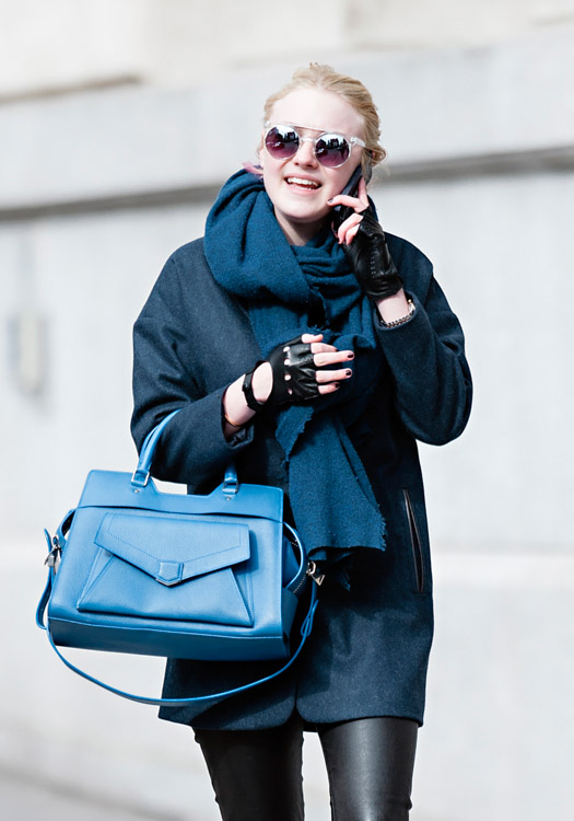 Dakota Fanning carries a blue Proenza Schouler PS13 bag in New York City (2)