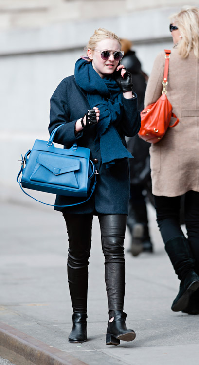 Dakota Fanning carries a blue Proenza Schouler PS13 bag in New York City (4)