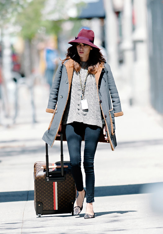 Alexa Chung wheels a Louis Vuitton Mon Monogram Pegase Suitcase around Manhattan (1)