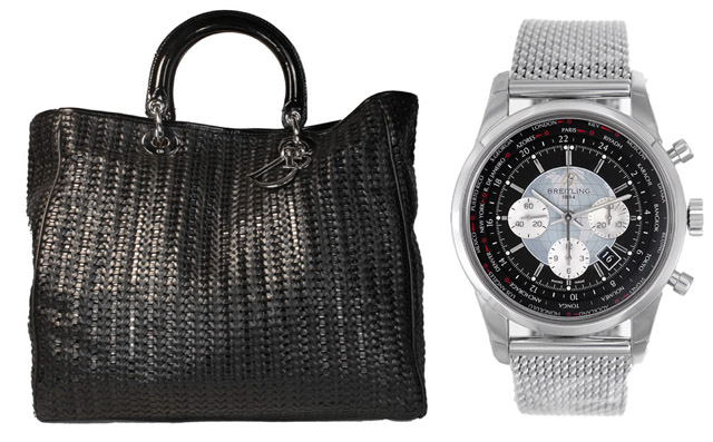 Casual Pair: Christian Dior Woven Leather Tote and Breitling Transocean Chronography Men's Watch