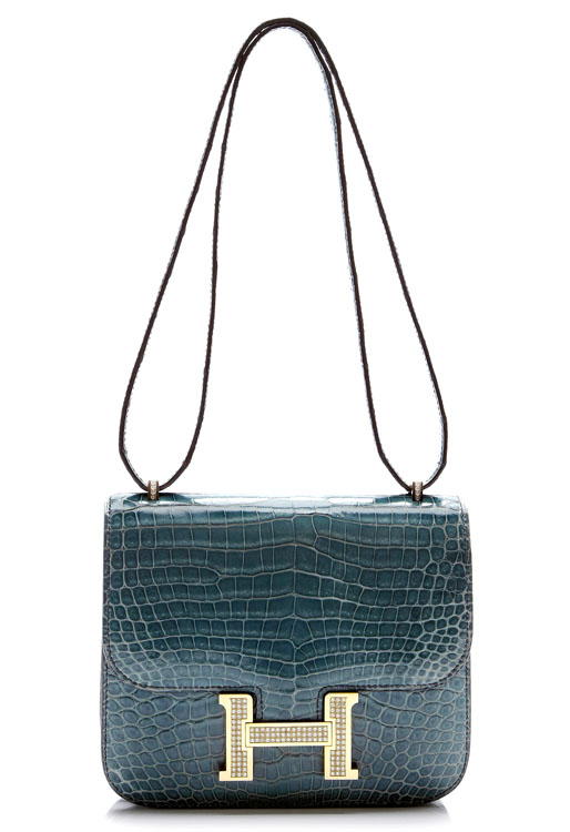 Hermes Constance 18cm Crocodile Bag with White Gold and Diamond Hardware