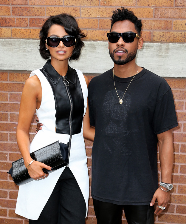 Singer Miguel Pimental and his model girlfriend Nazanin Mandi leave the Rodarte fashion show in New York City