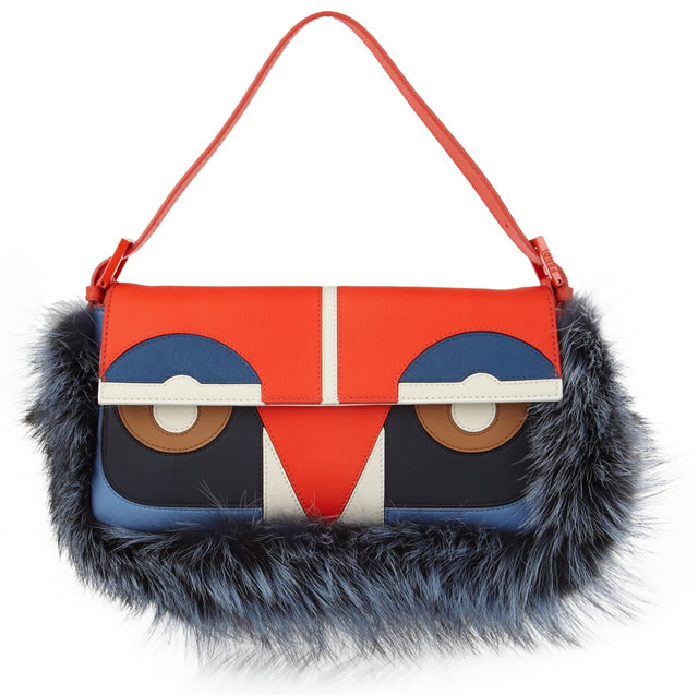 Fendi Owl Baguette Leather and Fox Shoulder Bag