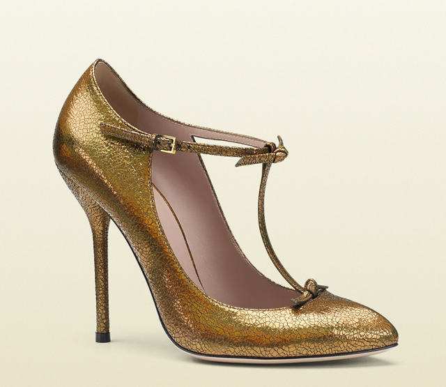 Gucci Cracked Metallic Leather T-Strap Pumps