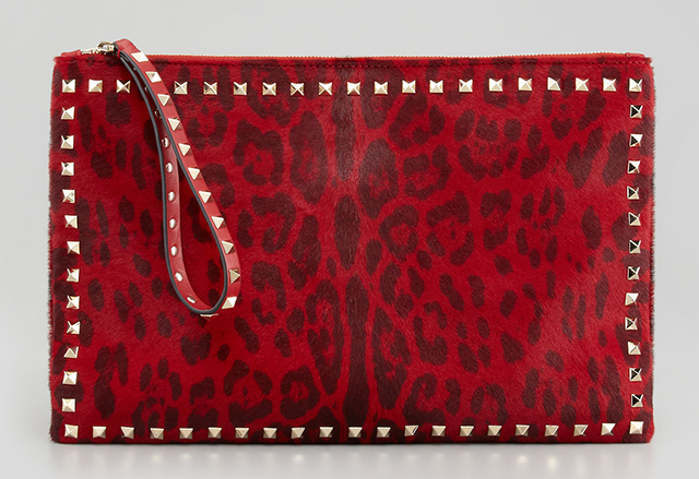 Valentino Rockstud Leopard Calf Hair Pouch