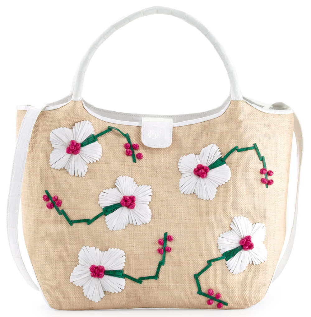 Nancy Gonzalez Crocodile Straw Flower Tote Bag