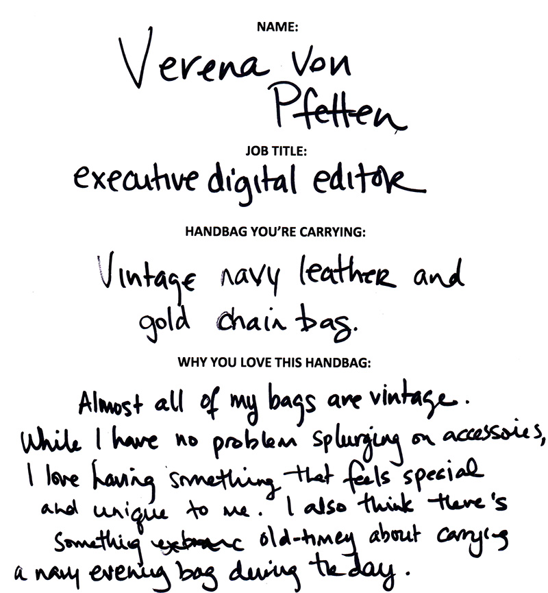 The Many Bags of Lucky Magazine's Editorial Staff 14 Verena Von Pfeffen Vintage Navy Bag Answers