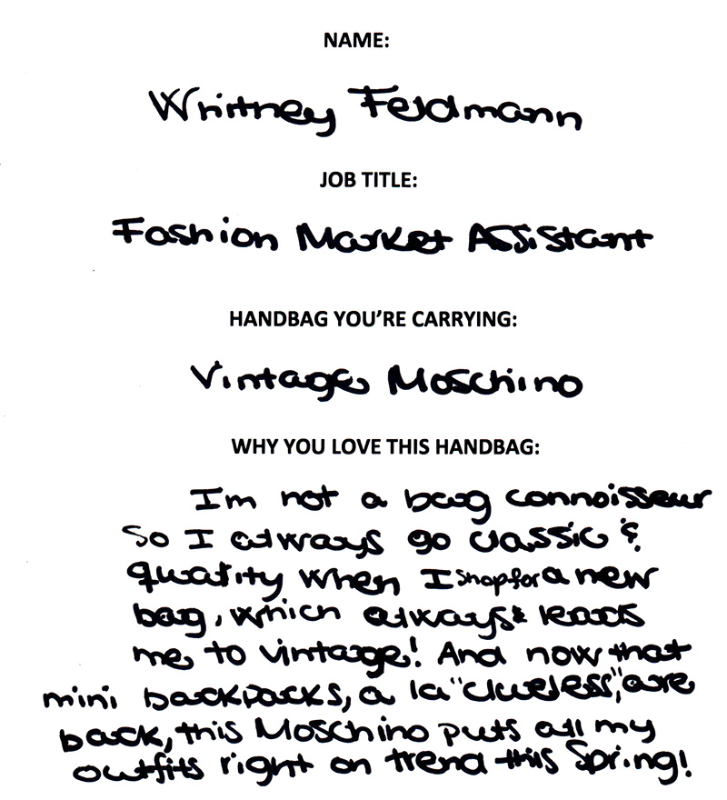 The Many Bags of Lucky Magazine's Editorial Staff 32 Whitney Feldmann Vintage Moschino Backpack Answers