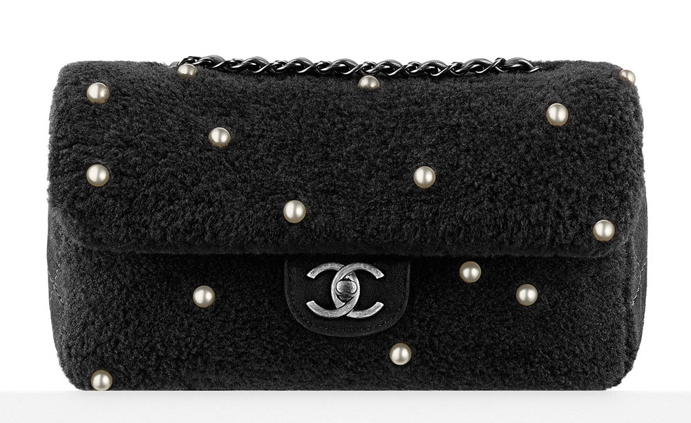 Chanel Pearl Embellished Shearling Flap Bag Black 4900