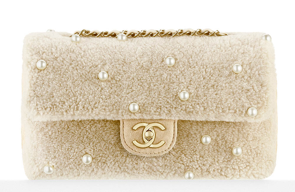 Chanel Pearl Embellished Shearling Flap Bag Ivory 4900