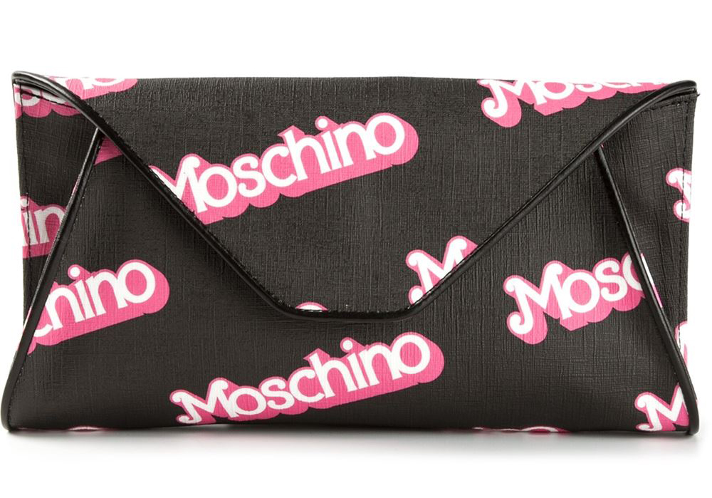 Moschino Logo Print Flap Clutch Black