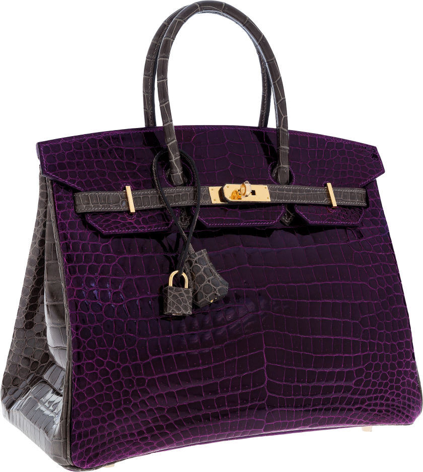 Hermes Special Order Horseshoe 35cm Shiny Amethyst & Graphite Porosus Crocodile Birkin Bag