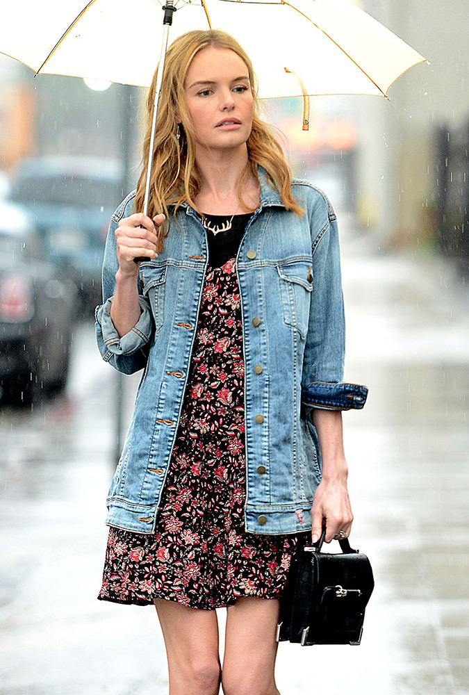 Kate Bosworth leaves a meeting in downtown LA wearing a Guess boyfriend denim jacket