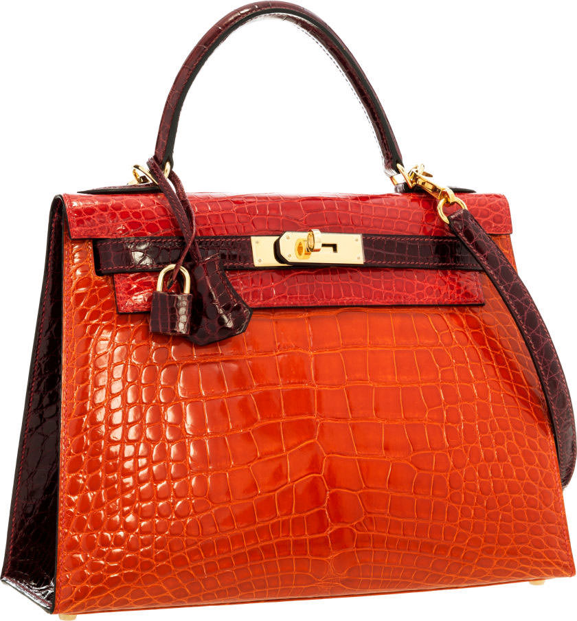 Hermes-Kelly-Special-Order-Shiny-Braise,-Orange-H-&-Bordeaux-Alligator-28cm