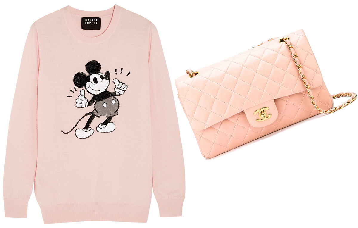 Chanel 2.55 Pink Classic Flap $6,497 via Farfetch, Markus Lupfer Disney® Vintage Mickey Sweater $420 via Net-A-Porter