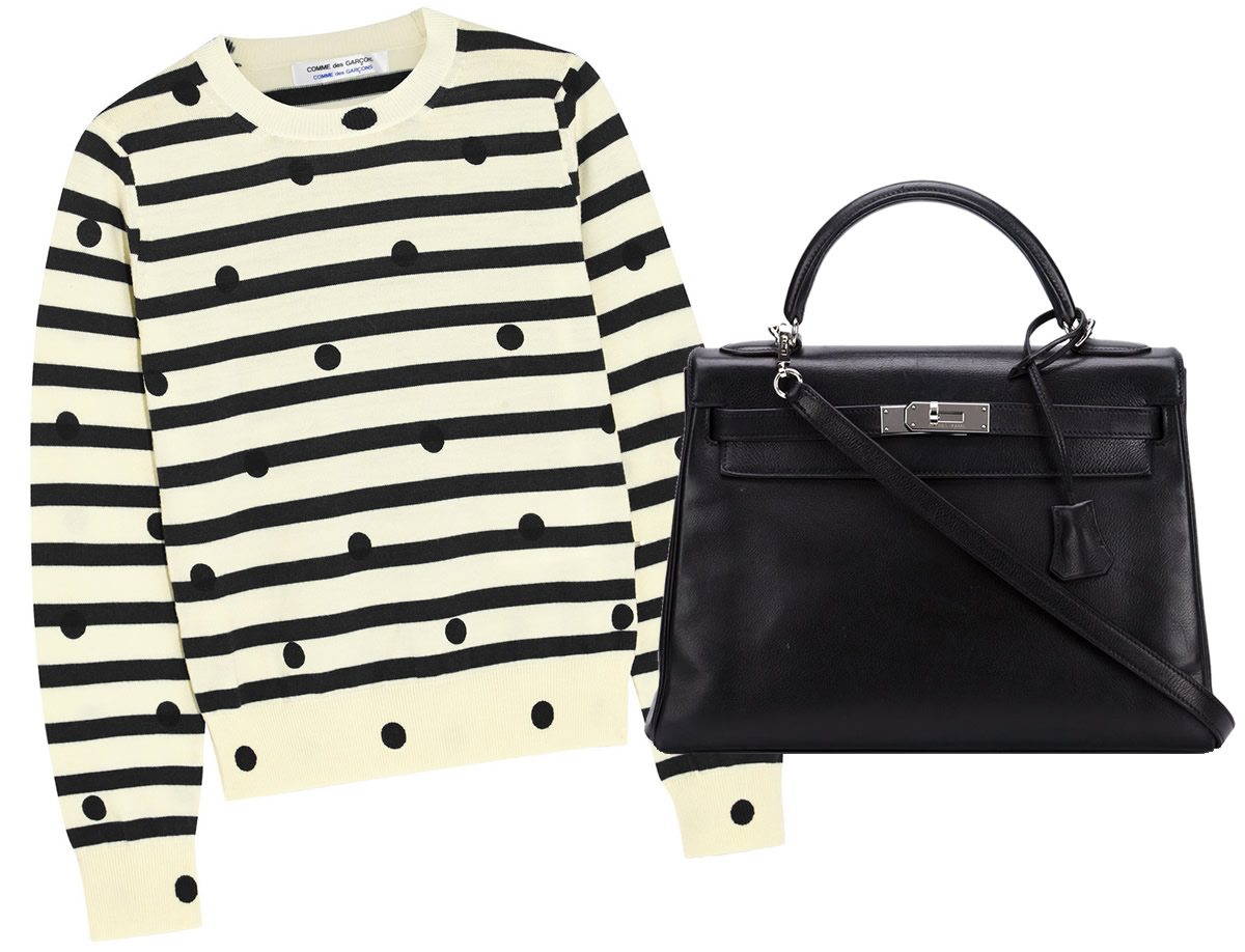Hermès Vintage 32cm Kelly Bag $16,899 via Farfetch, Comme des Garçons Striped Wool Sweater $335 via Net-A-Porter