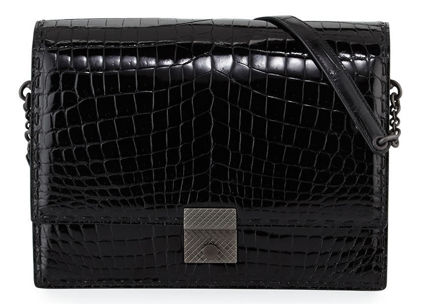 Bottega Veneta Crocodile Flap Shoulder Bag in Black