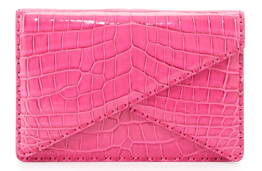 Bottega Veneta Piano Crocodile Crisscross Clutch Bag in Rosa Shock Pink