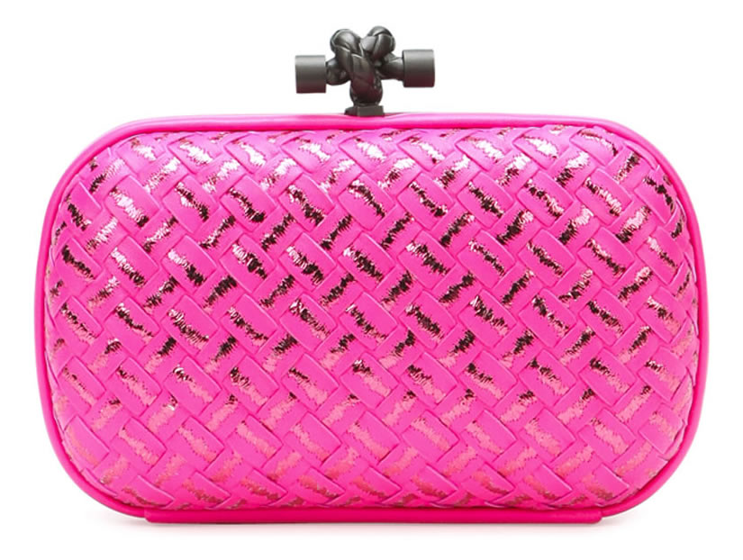 Bottega Veneta Woven Metallic Knot Clutch Bag in Hot Pink