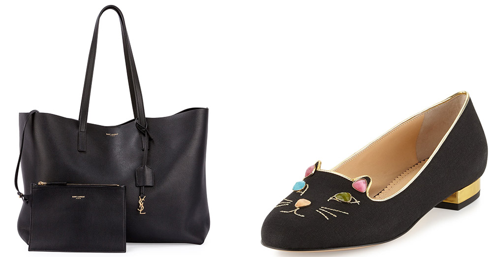 Saint Laurent Large Shopping Tote Bag [$995 via Bergdorf Goodman] Charlotte Olympia Kitty On The Rocks Linen Loafer Flat [$625 via Neiman Marcus]