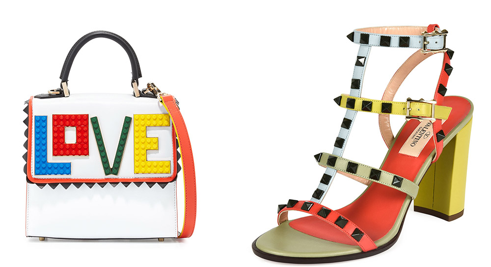 Les Petits Joueurs Alex Mini Rainbow Love Frame Bag [$1,050 via Bergdorf Goodman] Valentino Lacquered Rockstud Chunky-Heel Sandal  [$1,095 via Neiman Marcus]