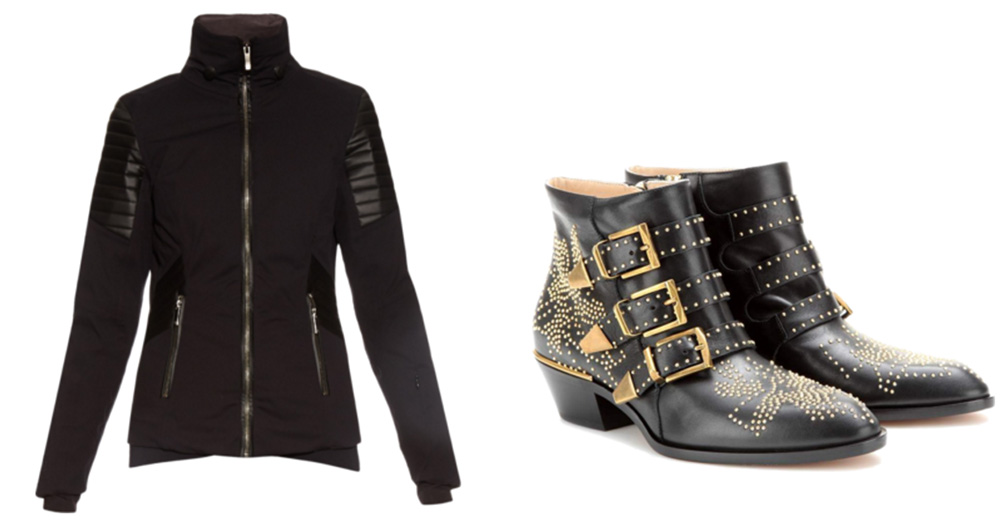 Lacroix Distinction Faux Leather-Trimmed Ski Jacket, $1,409 via MATCHESFASHION.COM  Chloé Suzanna Studded Leather Ankle Boots, $1,240 via MyTheresa