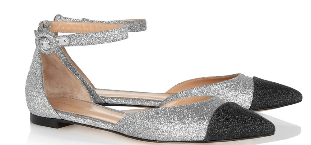 Gianvito Rossi Glitter-Finished Leather Point-Toe Flats