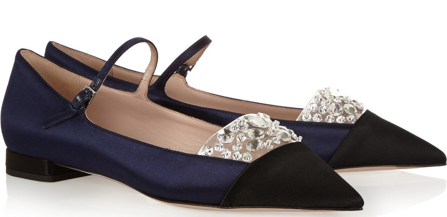 Miu Miu Crystal-Embellished Satin Point-Toe Flats