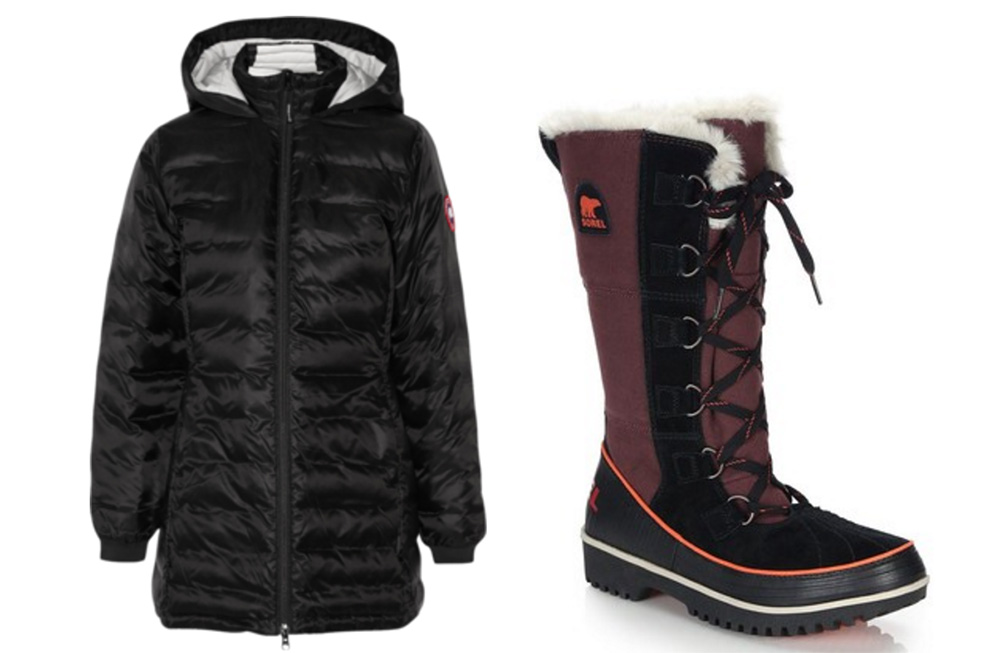 Canada Goose Camp Hooded Quilted Down Coat, $575 via Net-a-Porter  Sorel Tivoli High Faux Fur-Trimmed Canvas & Suede Boots, $150 via Saks