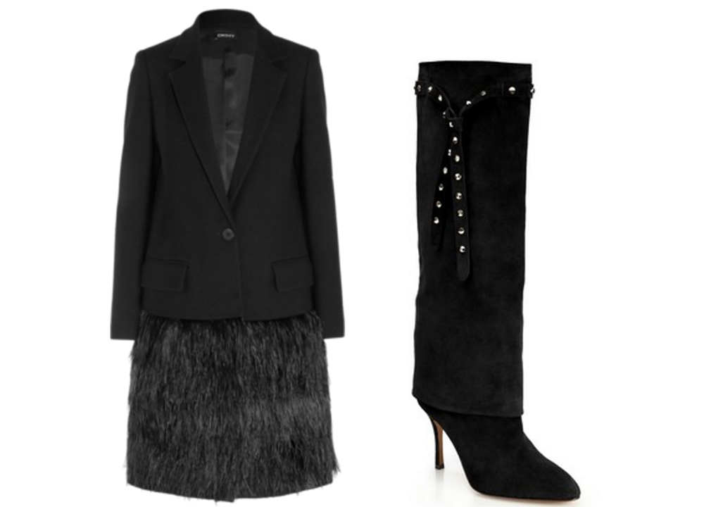 DKNY Feather-Embellished Wool-Twill Coat, $1,500 via Net-a-Porter  Valentino Studded-Ties Suede Knee Boots, $1,502 via Saks