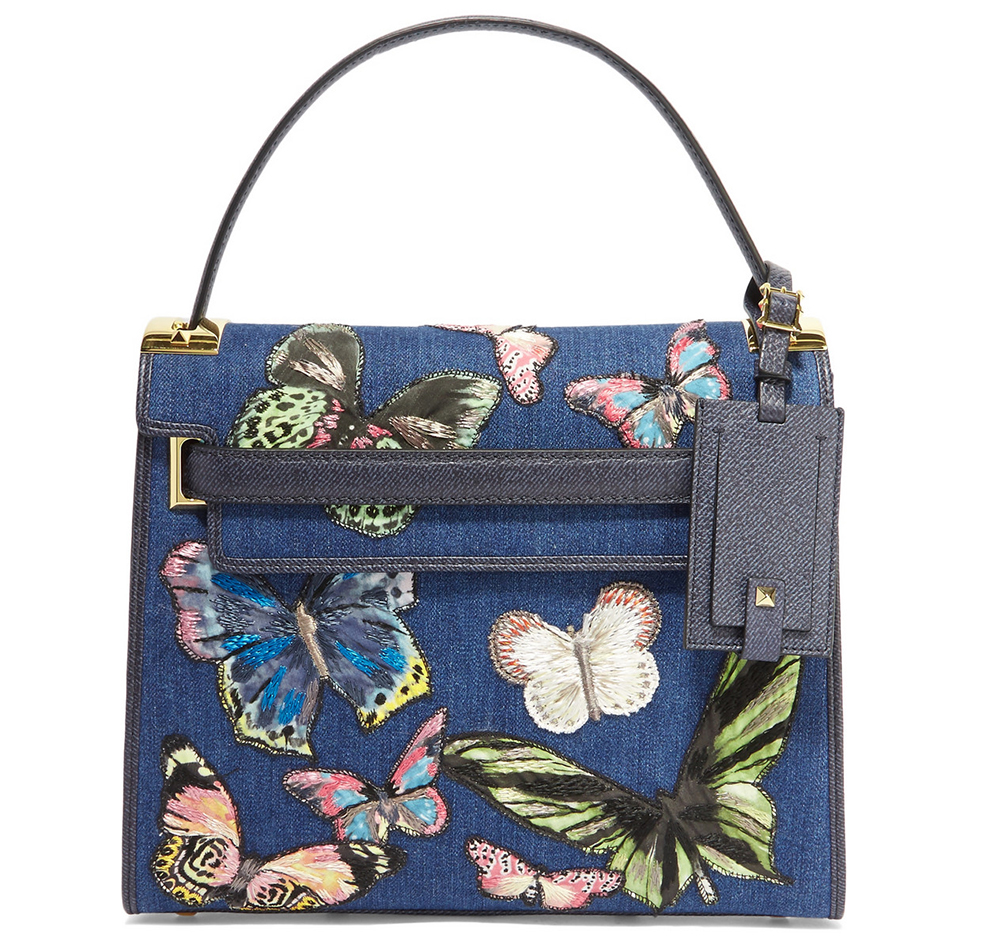 Valentino My Rockstud Embroidered Denim and Textured-Leather Tote