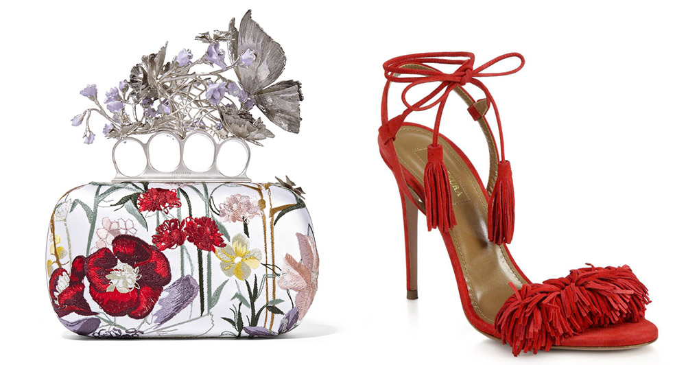 Alexander McQueen Flower-Embroidered Satin Knuckle Box Clutch [$3,895 via Saks] Aquazzura Wild Thing Fringe Suede Sandals [$785 via Saks]