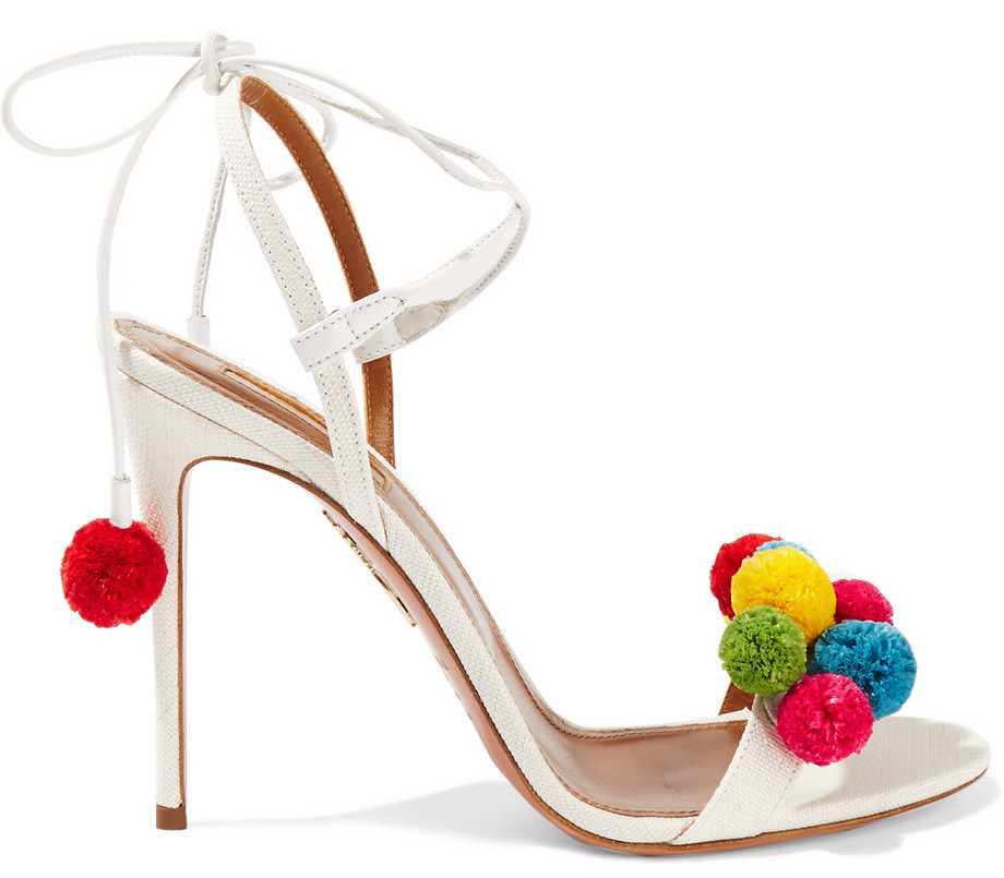 Aquazzura Pompom-Embellished Raffia Sandals