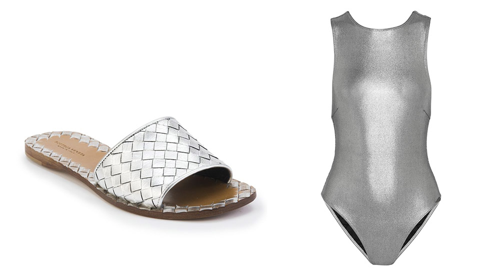 Bottega Veneta Intrecciato Metallic Leather Slide Sandals [$620 via Saks]  Prism Samar Metallic Swimsuit [$270 via Net-a-Porter] 