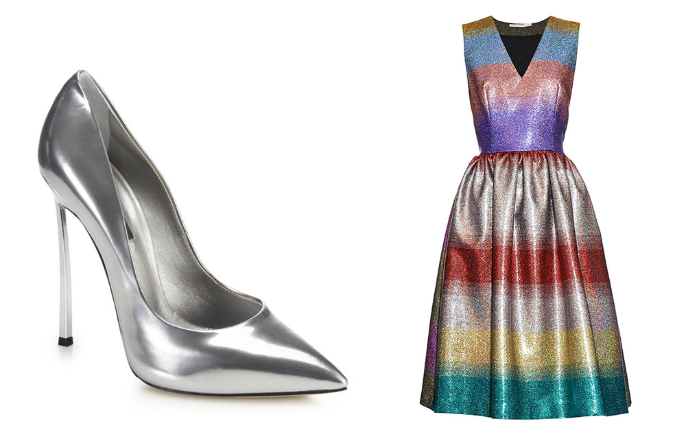 Casadei Blade Metal-Heeled Metallic Pumps [$750 via Saks] Marco de Vincenzo Metallic Striped V-neck Dress [$1,005 via MATCHESFASHION.COM]