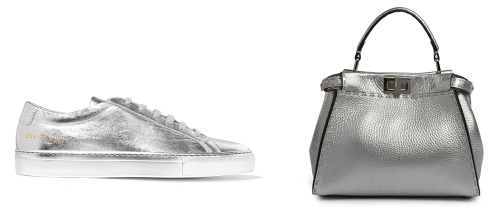 Common Projects Original Achilles Metallic Leather Sneakers [$505 via Net-a-Porter]  FendiSelleria Peekaboo Mini Metallic Leather Satchel [$3,700 via Saks]