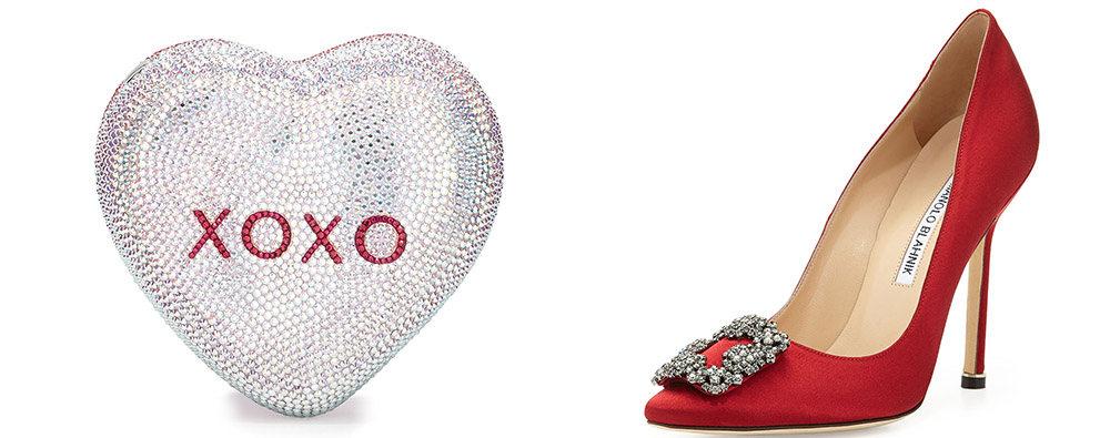 Judith Leiber	 Be Mine Heart Crystal Minaudiere [$3,495 via Bergdorf Goodman]  Manolo Blahnik	 Hangisi Satin Crystal-Toe Pump [$965 via Bergdorf Goodman]