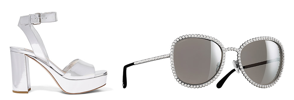 Miu Miu Mirrored-Leather Platform Sandals [$690 via Net-a-Porter]  Chanel Oval Runway Sunglasses [$600 via Chanel]