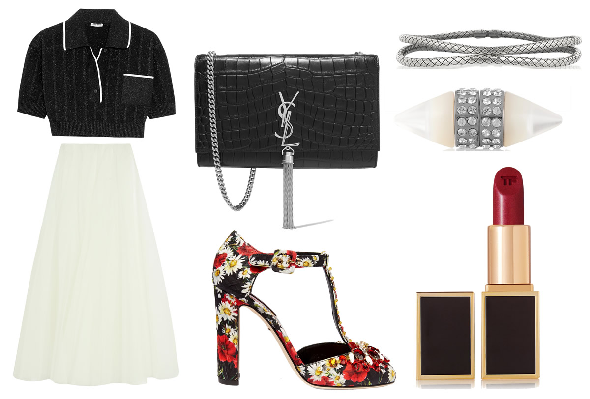 Saint Laurent Monogramme Bag [$2,460 via Net-A-Porter], Miu Miu Cropped Metallic Knitted Top [$820 via Net-A-Porter], Miu Miu Tulle Maxi Skirt [$885 via Net-A-Porter], Dolce & Gabbana Printed Brocade Mary Jane Pumps [$1,245 via Net-A-Porter], Bottega Veneta Sterling Silver Bracelets [$540 via Net-A-Porter], Givenchy Double Cone Shark Earring in Mother of Pearl [$470 via Net-A-Porter], Tom Ford Beauty Lips & Boys [$35 via Net-A-Porter]