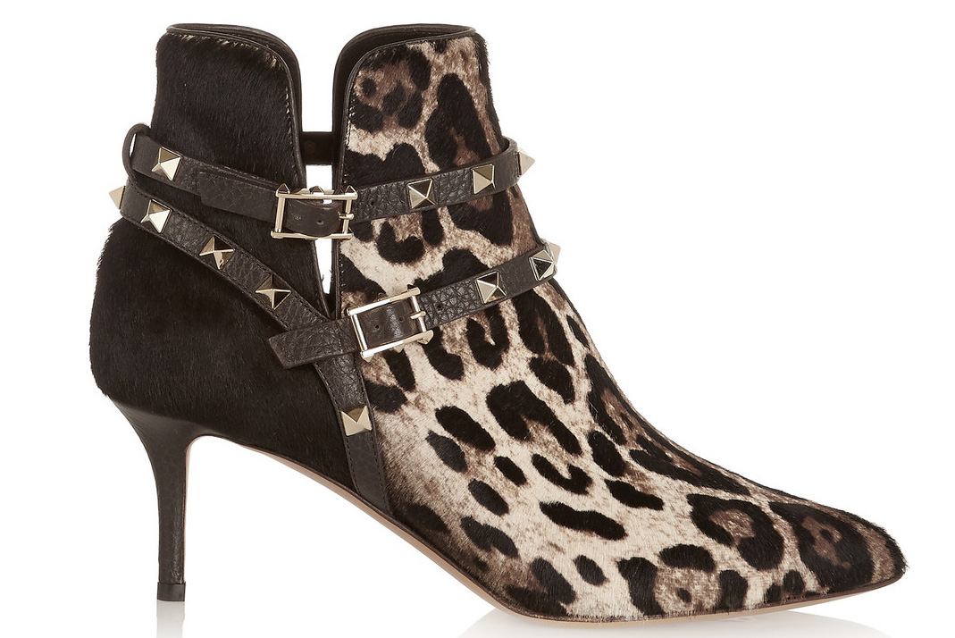 Valentino Rockstud Leopard-Print Calf Hair Ankle Boots