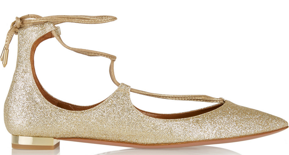 Aquazzura Christy Glittered Leather Point-Toe Flats