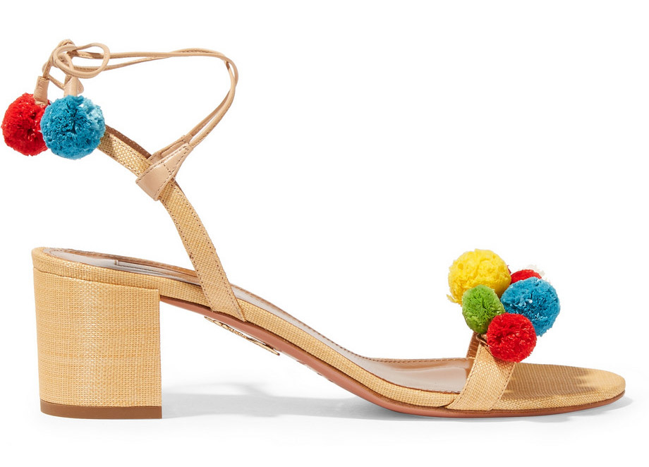 Aquazzura Pompom-Embellished Raffia Sandals