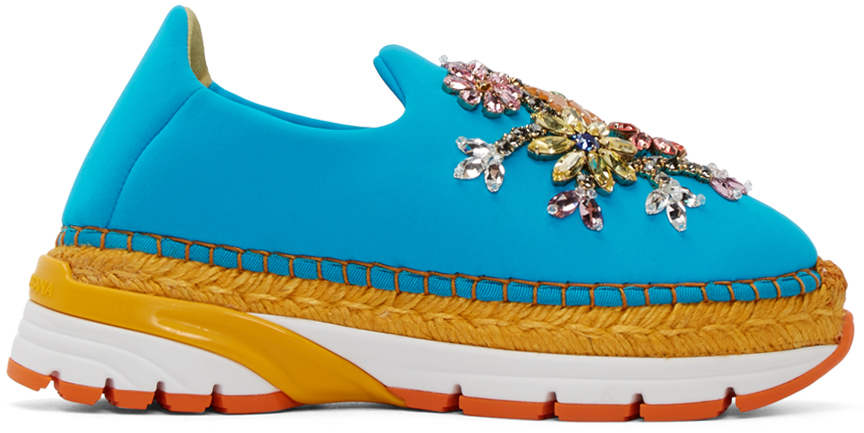 Dolce and Gabbana  Blue Neoprene Embellished Sneakers