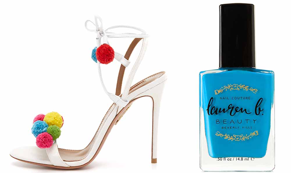 Aquazzura Pon Pon Sandals $825 via ShopBop  Lauren B. Beauty Catalina Cruise Nail Polish $18 via Net-a-Porter 