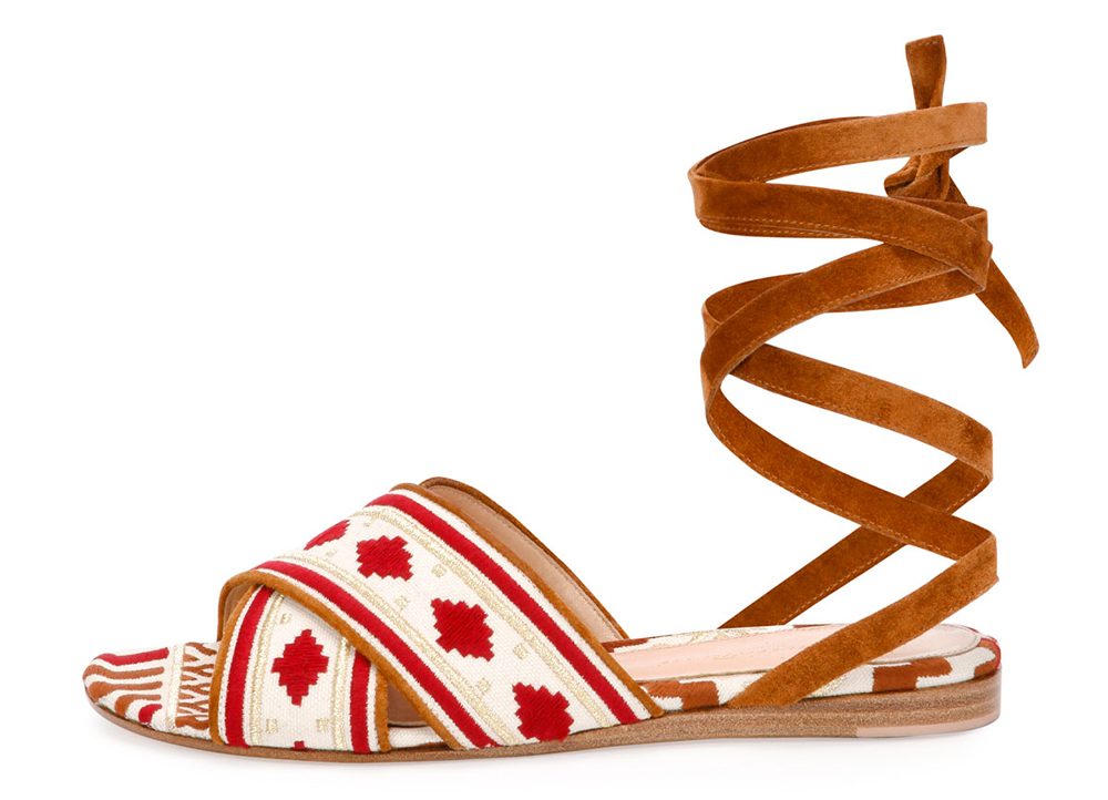 Gianvito Rossi  Geometric-Embroidered Ankle-Wrap Flat Sandal