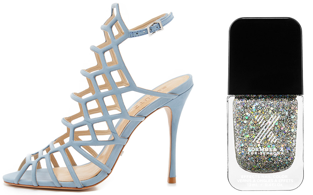 Schutz Juliana Caged Sandals $190 via ShopBop  Formula X Hubba Hubble  Silver Iridescent Glitter $12.50 via Sephora  